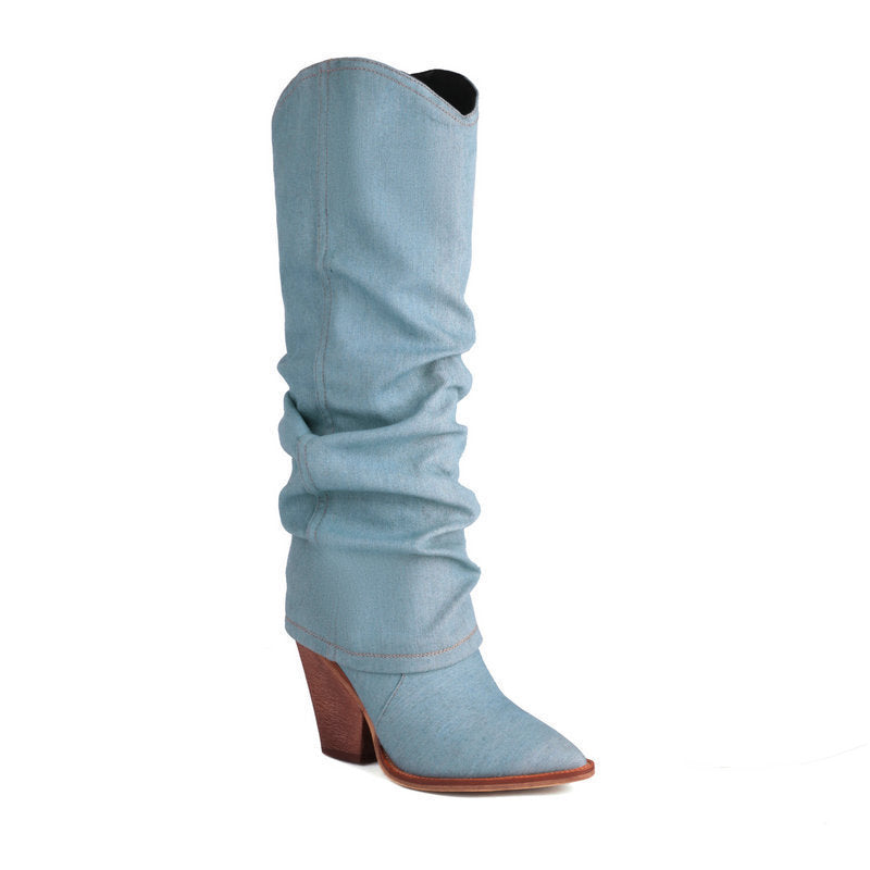 Women's autumn winter retro western cowboy pointed boots thick heel high knight boots - Gena Campbell