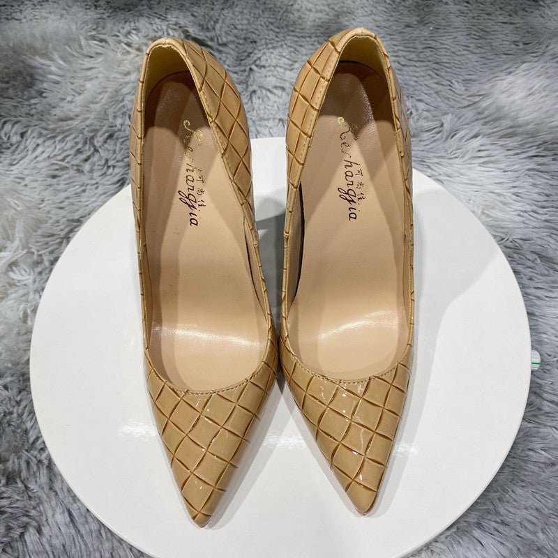 Autumn And Winter New Woven Pattern Pointed High Heels 12cm10cm Comfortable Stiletto Shoes.