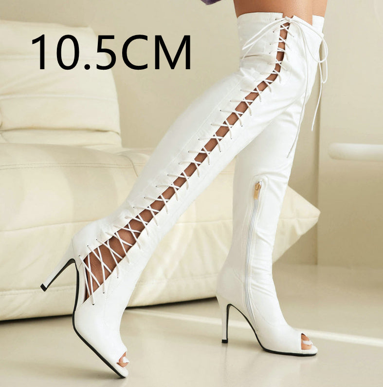 Cuissardes blanches vernies femme – Talon aiguille 10,5 cm, style futuriste et stretch