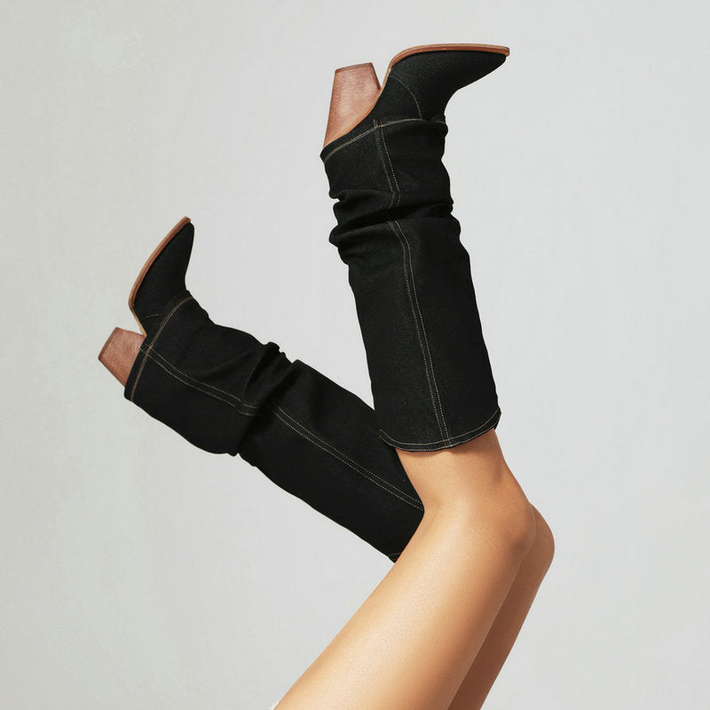 Women's autumn winter retro western cowboy pointed boots thick heel high knight boots - Gena Campbell
