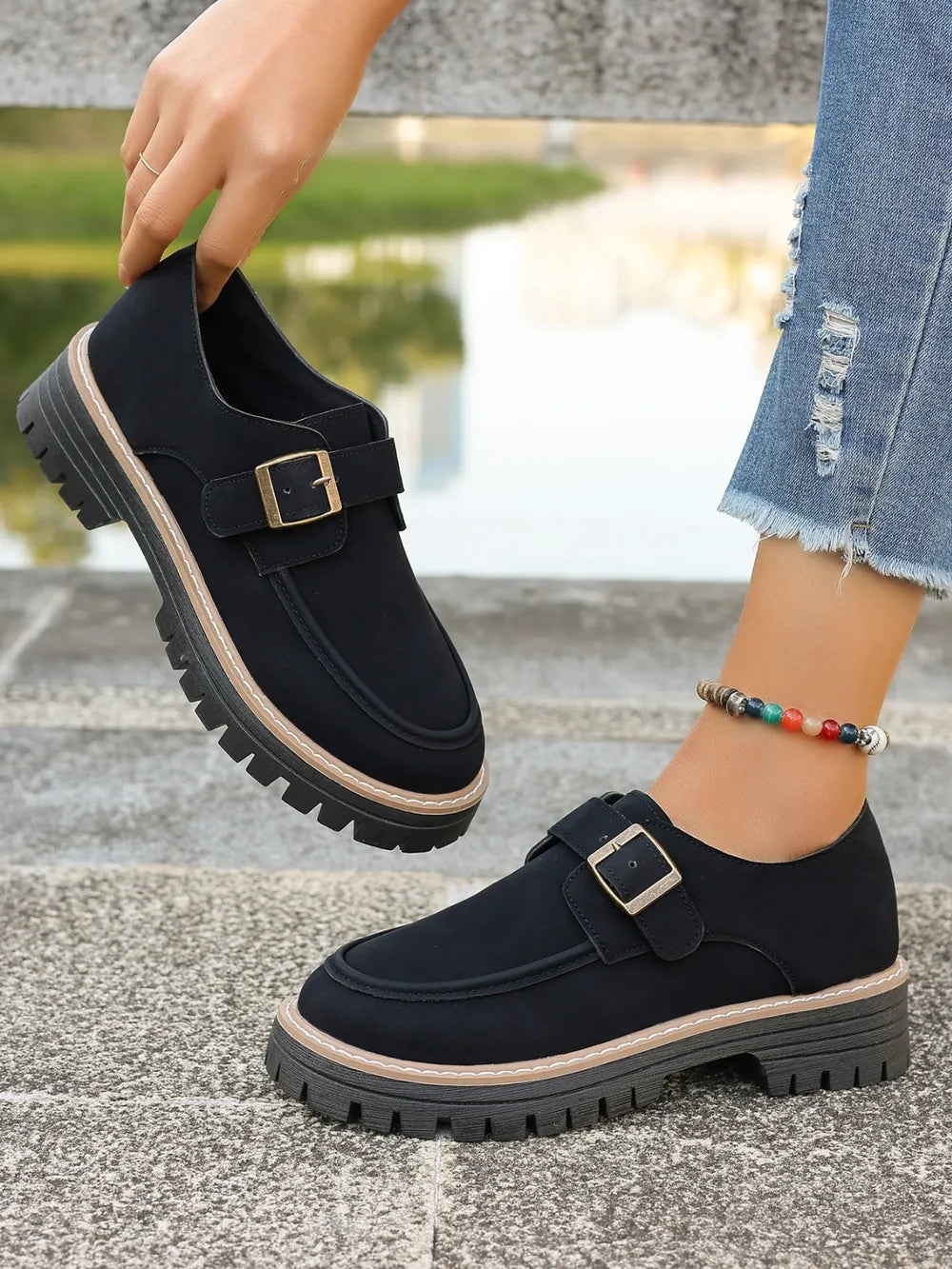 PU Leather Round Toe Buckle Loafers.