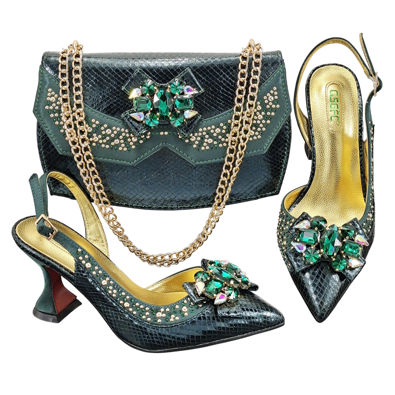 <img src="https://genacampbell.shop/images/le-bourse-escarpins-sac-soiree.jpg" alt="Le Bourse · Ensemble escarpins à talon aiguille ≈9 cm & sac de soirée coordonné · Création Gena Campbell · Escarpins à bout pointu en matière synthétique brillante · Fermeture à enfiler · Sac rigide assorti avec anse bijou & fermoir stylisé · Coloris Or, Vert, Argent, Vin Rouge · Pointures du 39 au 43 · Parfait pour cérémonies, dîners ou soirées élégantes · Silhouette élancée & finition raffinée">