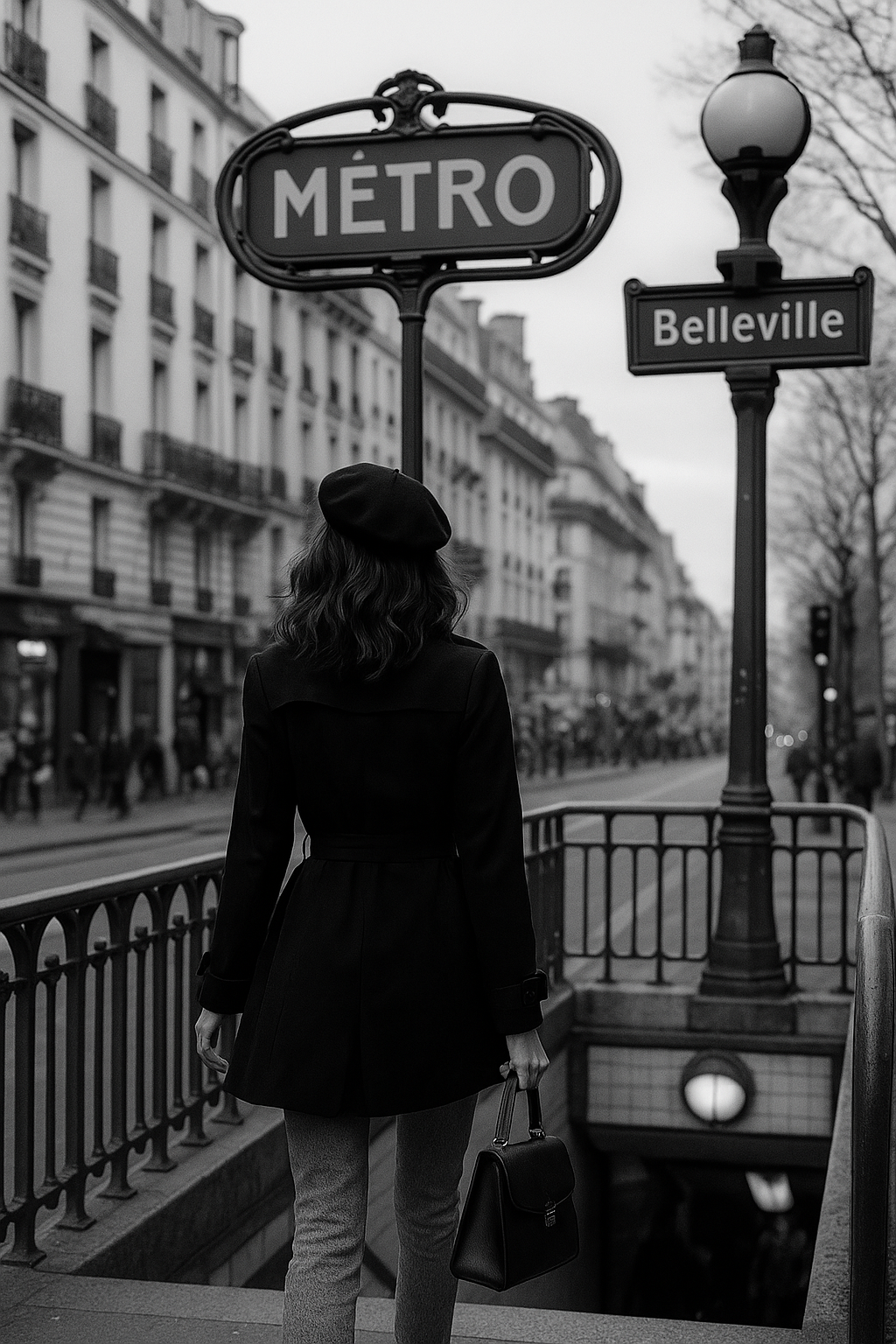Femme élégante descendant les marches du métro Belleville à Paris, sac à main en cuir à l’épaule, ambiance urbaine et estivale.