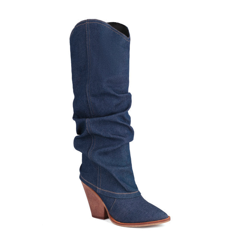 Women's autumn winter retro western cowboy pointed boots thick heel high knight boots - Gena Campbell