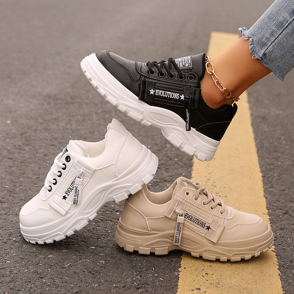 Lace-up Sports Shoes With Side-Zipper Design Fashion Thick-soled Round-toe Casual Shoes For Women Sneakers.