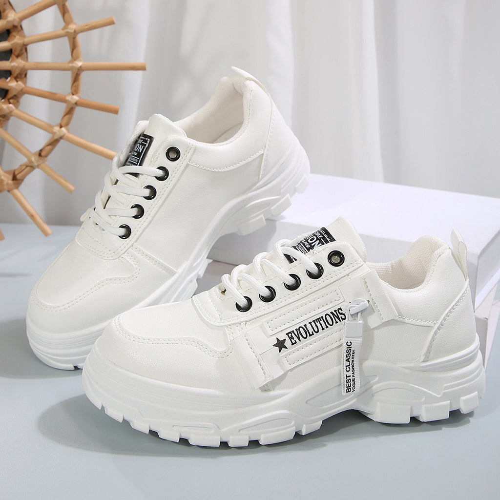 Lace-up Sports Shoes With Side-Zipper Design Fashion Thick-soled Round-toe Casual Shoes For Women Sneakers.