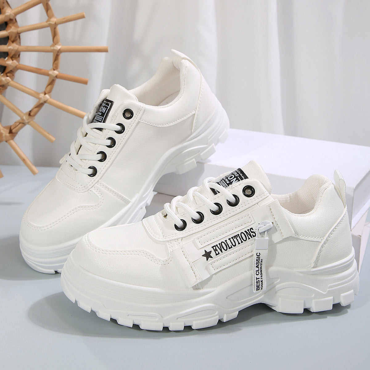 Lace-up Sports Shoes With Side-Zipper Design Fashion Thick-soled Round-toe Casual Shoes For Women Sneakers.