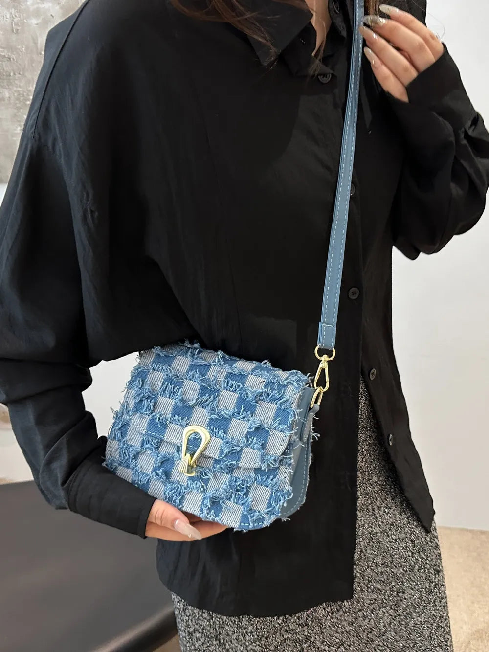 Checkered Raw Hem Adjustable Strap Crossbody Bag.