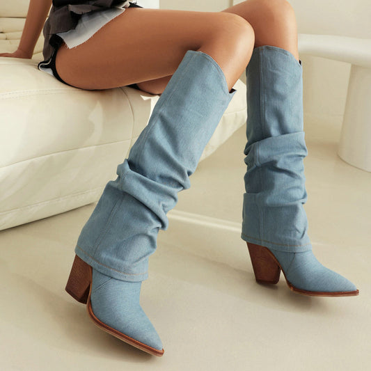 Women's autumn winter retro western cowboy pointed boots thick heel high knight boots - Gena Campbell