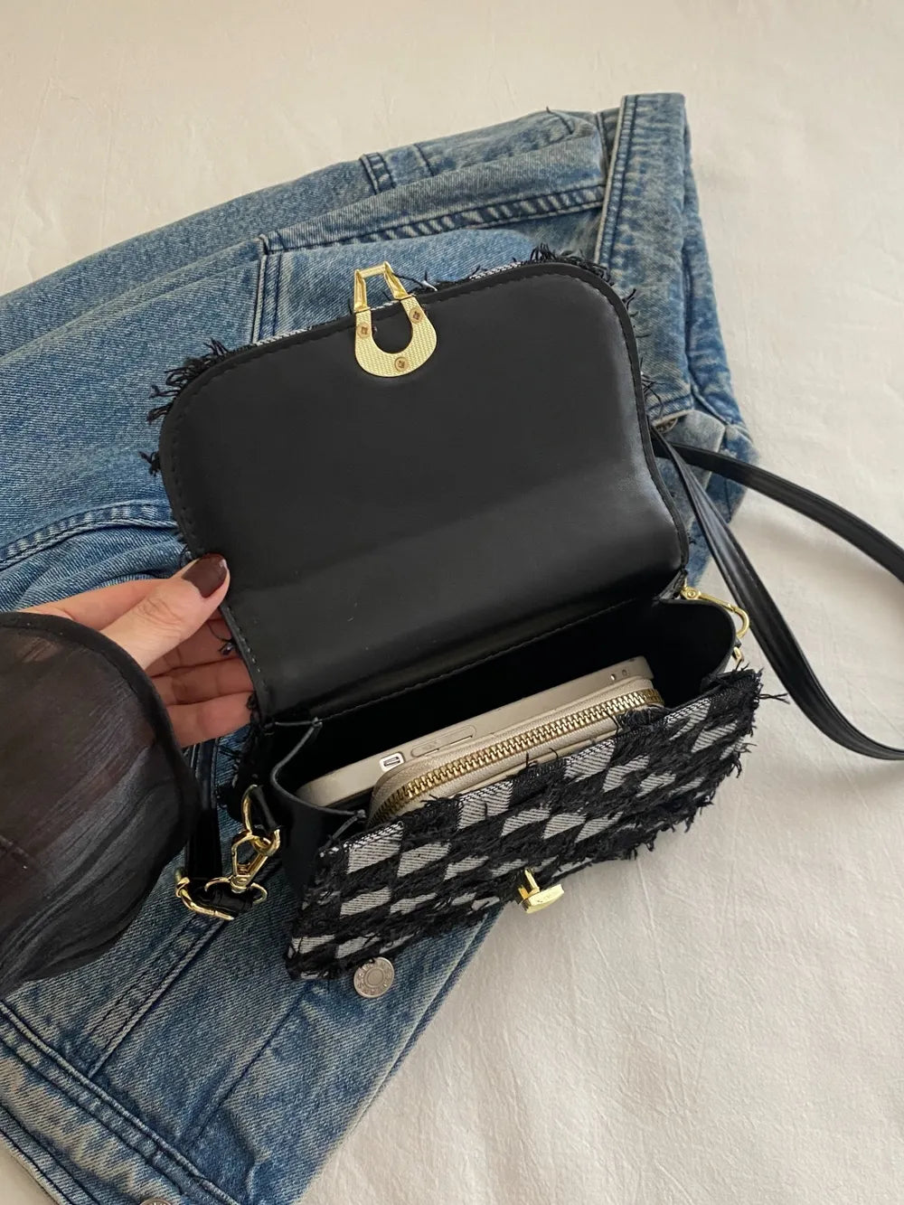 Checkered Raw Hem Adjustable Strap Crossbody Bag.