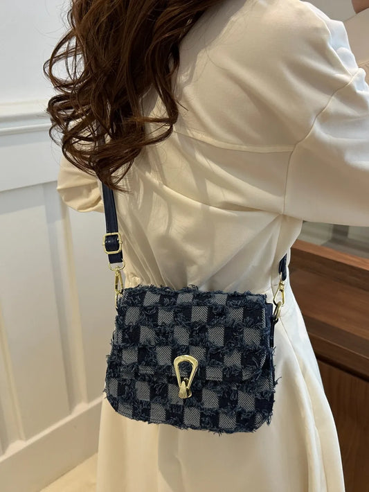 Checkered Raw Hem Adjustable Strap Crossbody Bag.