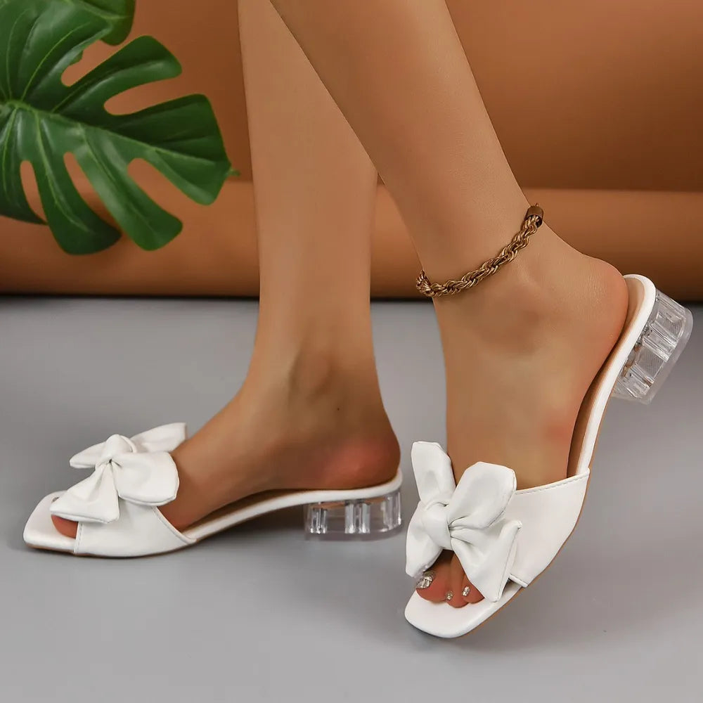 Bow Open Toe Block Heel Sandals.