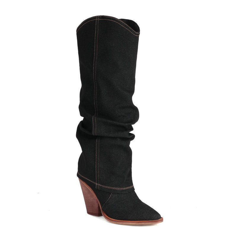Women's autumn winter retro western cowboy pointed boots thick heel high knight boots - Gena Campbell