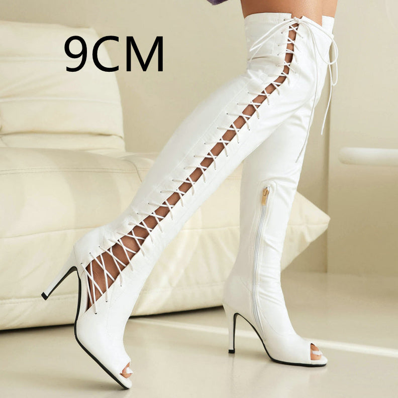 Cuissardes blanches vernies femme – Talon aiguille 9 cm, coupe seconde peau et bout rond
