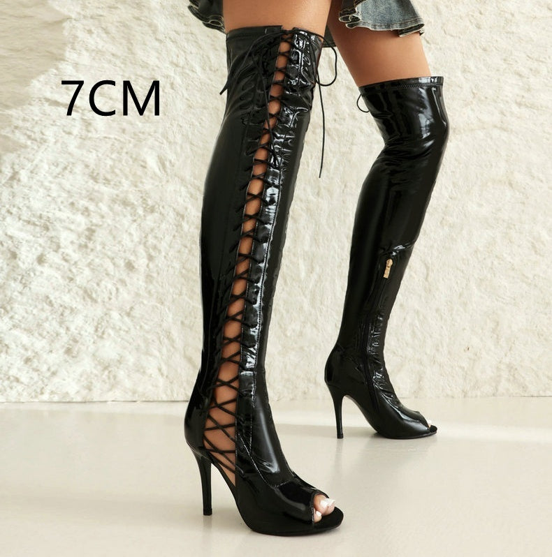 Cuissardes noires vernies femme – Talon moyen 7 cm, matière stretch brillante

