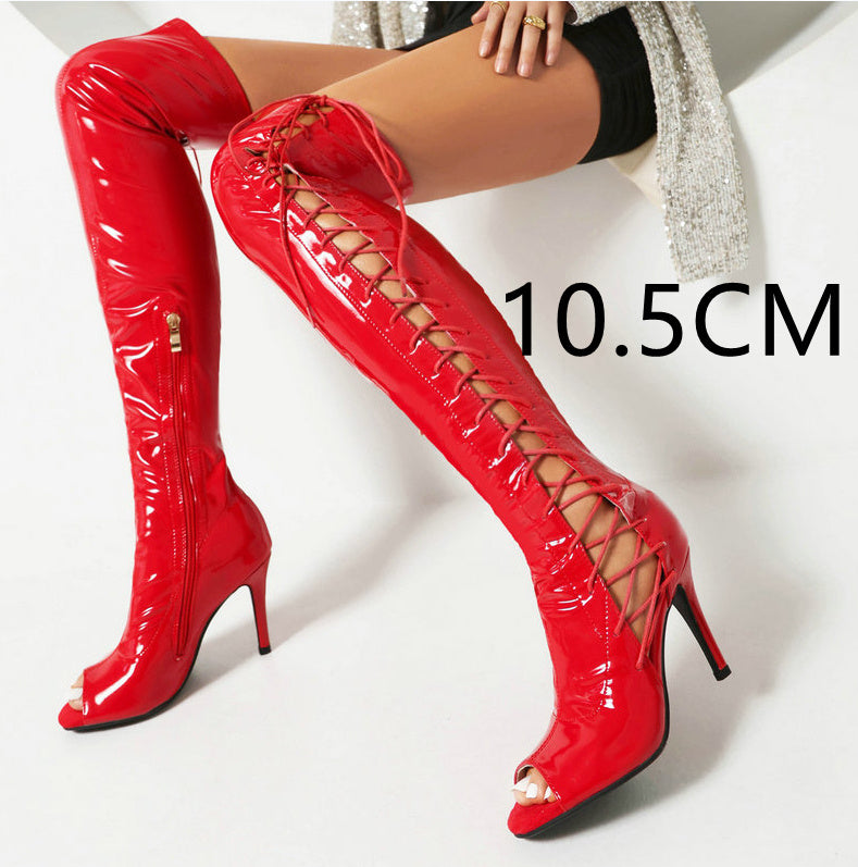 Cuissardes rouges vernies femme – Talon aiguille 10,5 cm, style audacieux et sculptant
