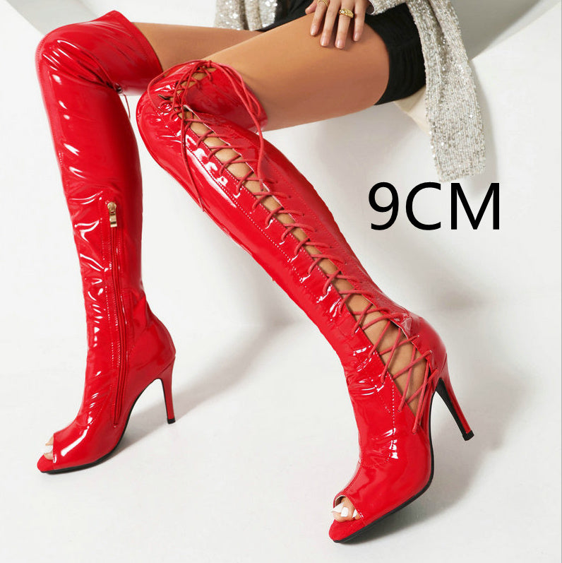 Cuissardes rouges vernies femme – Talon aiguille 9 cm, silhouette élancée et brillante
