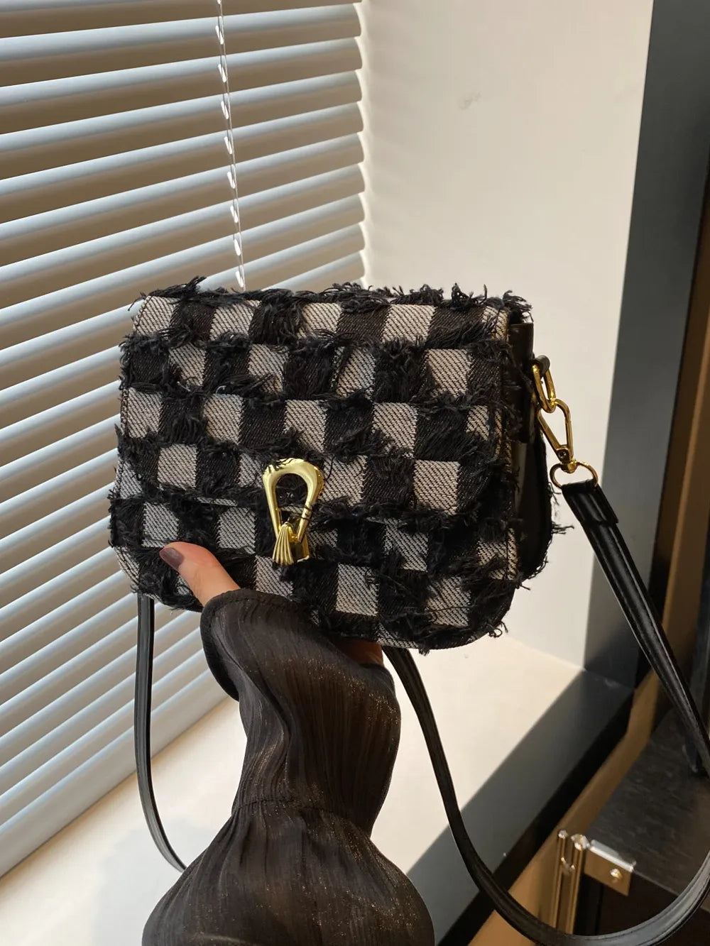 Checkered Raw Hem Adjustable Strap Crossbody Bag.