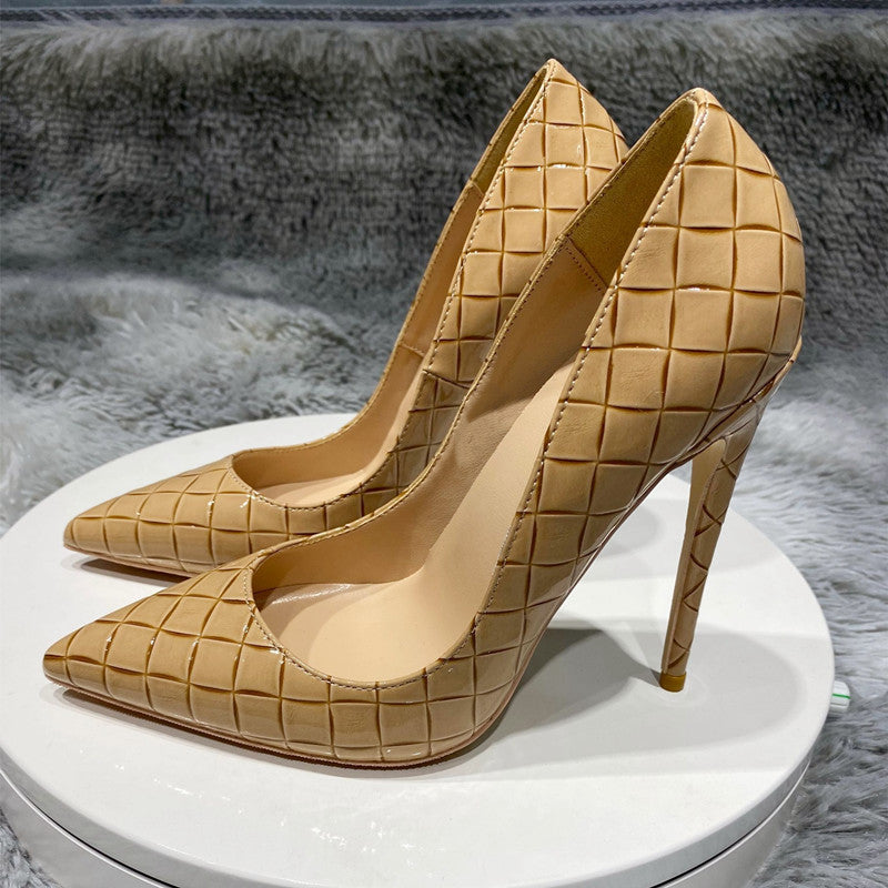 Autumn And Winter New Woven Pattern Pointed High Heels 12cm10cm Comfortable Stiletto Shoes.