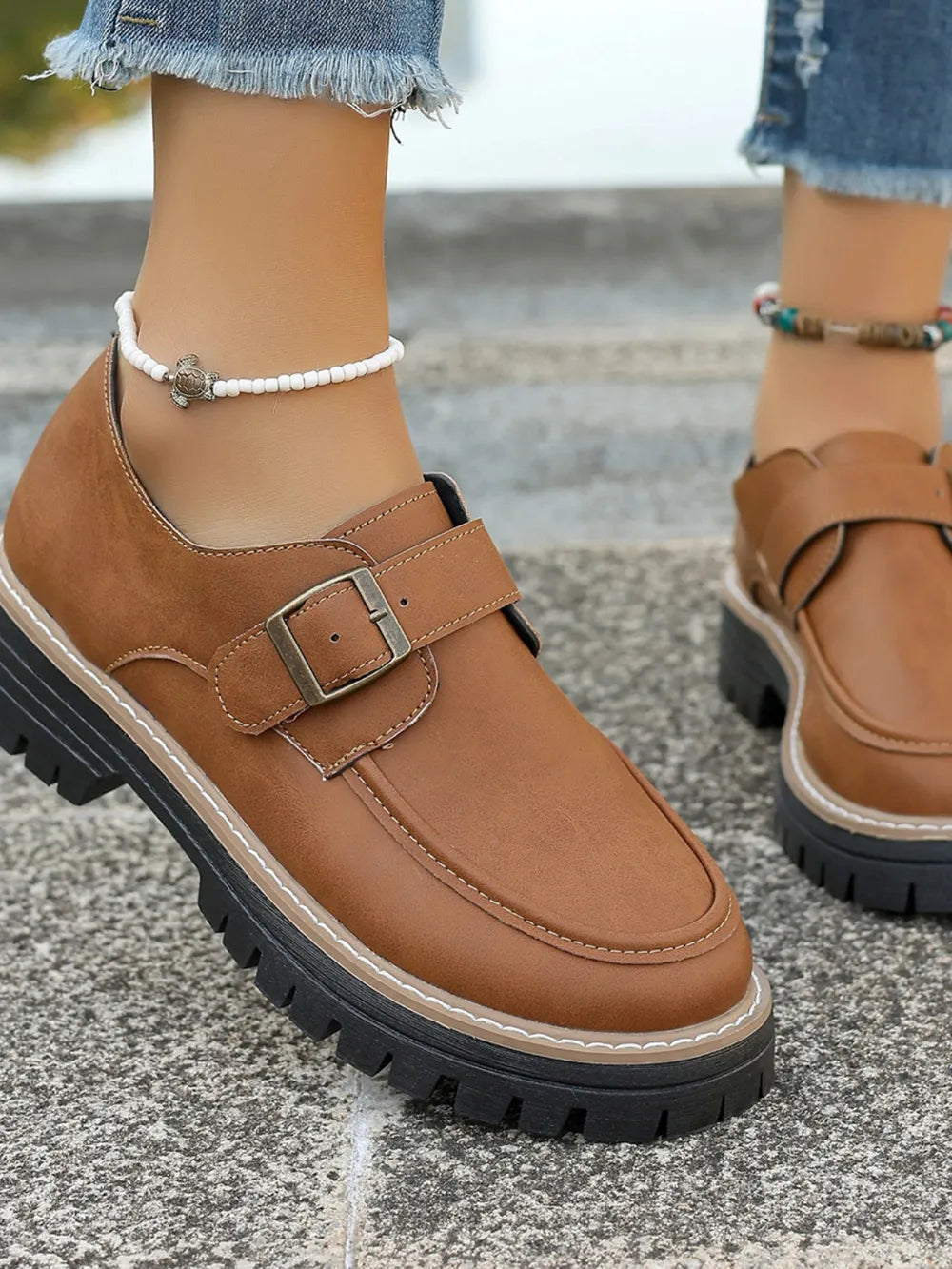 PU Leather Round Toe Buckle Loafers.