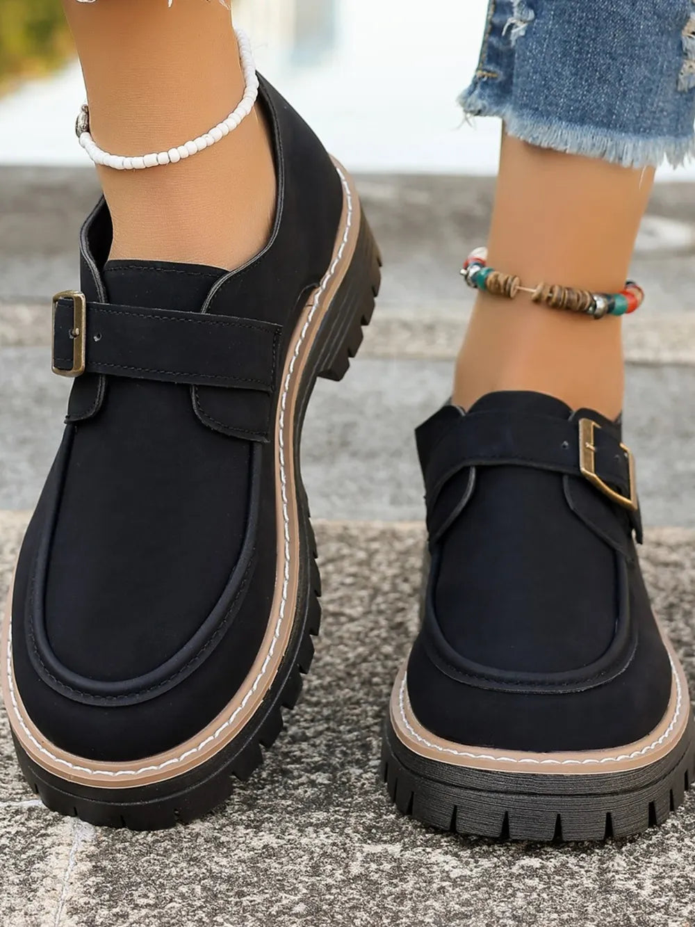 PU Leather Round Toe Buckle Loafers.