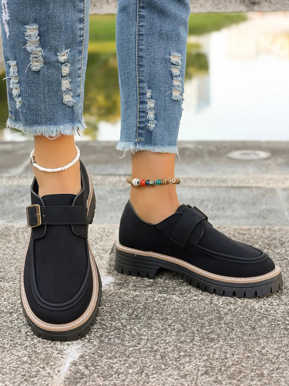 PU Leather Round Toe Buckle Loafers.