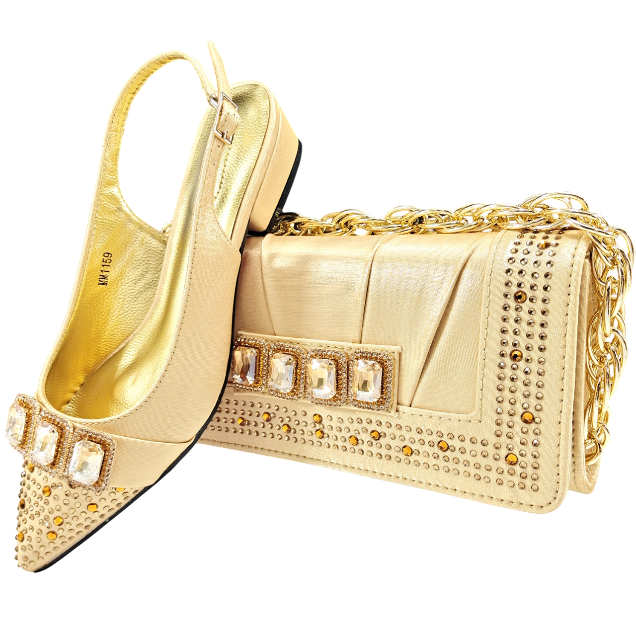 <img src="https://genacampbell.shop/images/le-saint-placide-escarpins-sac.jpg" alt="Le Saint-Placide · Ensemble escarpins à talon bas & sac souple coordonné · Création Gena Campbell · Escarpins à bout pointu · Coupe normale à enfiler · Talon bas ≈3 cm · Finition satinée rembourrée · Sac souple rectangulaire avec fermoir bijou · Coloris : Or, Vert, Vert olive, Pêche, Rouge rosé, Bleu ciel, Vin rouge · Pointures du 38 au 43 · Style élégant pour soirée, cérémonie ou allure feutrée du quotidien · Silhouette flu