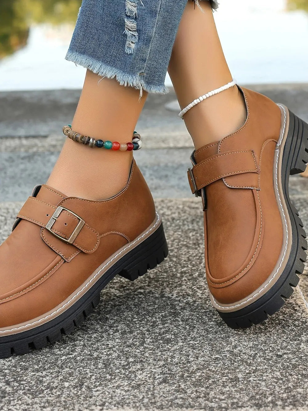 PU Leather Round Toe Buckle Loafers.