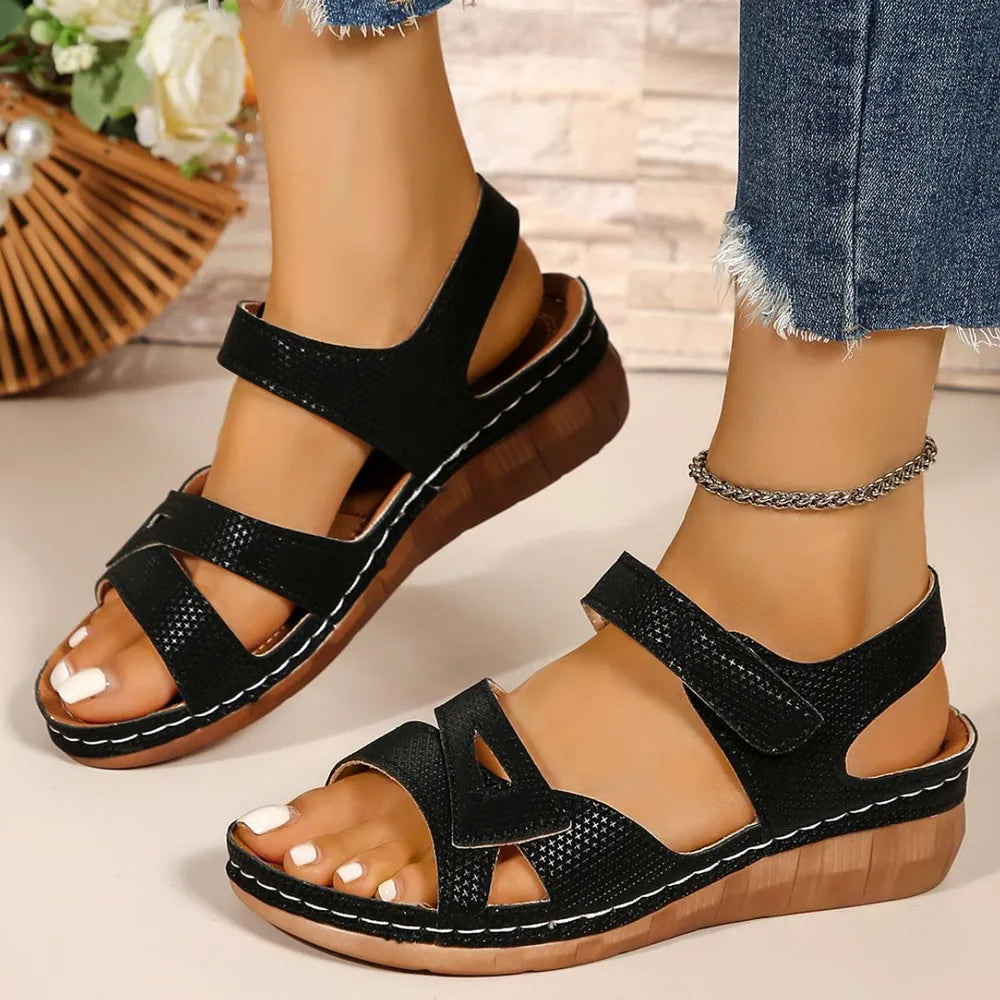 Casual fish mouth sandals Roman style sandals with Velcro hollow out wedge heel and thick soled sandals for outerwear.