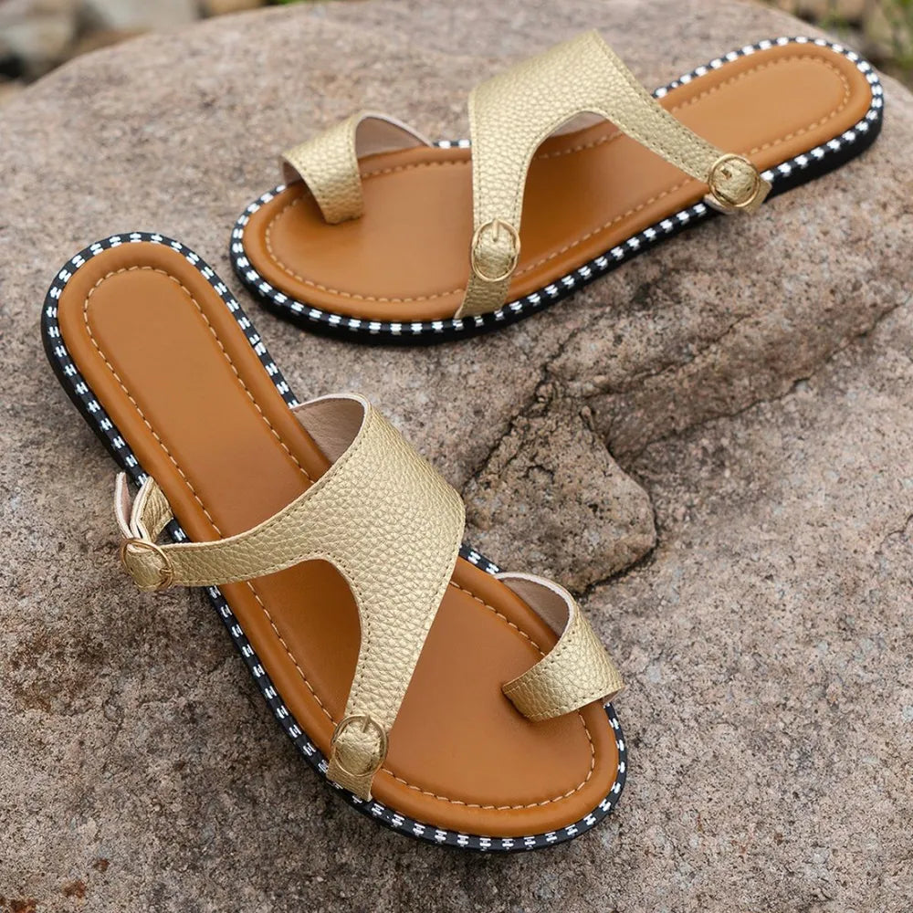 Toe Loop PU Leather Flats Sandals.