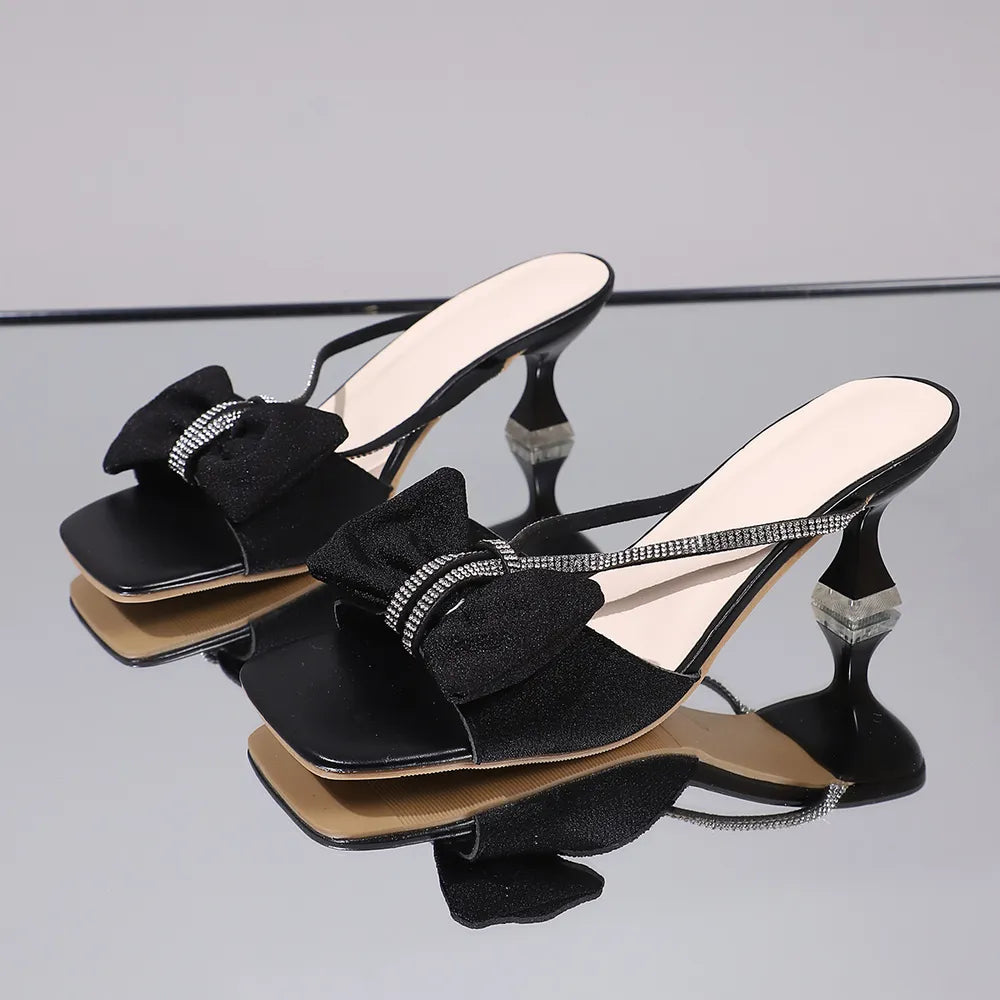 Bow Rhinestone Open-Toe Sandals.