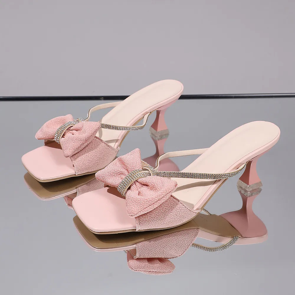Bow Rhinestone Open-Toe Sandals.