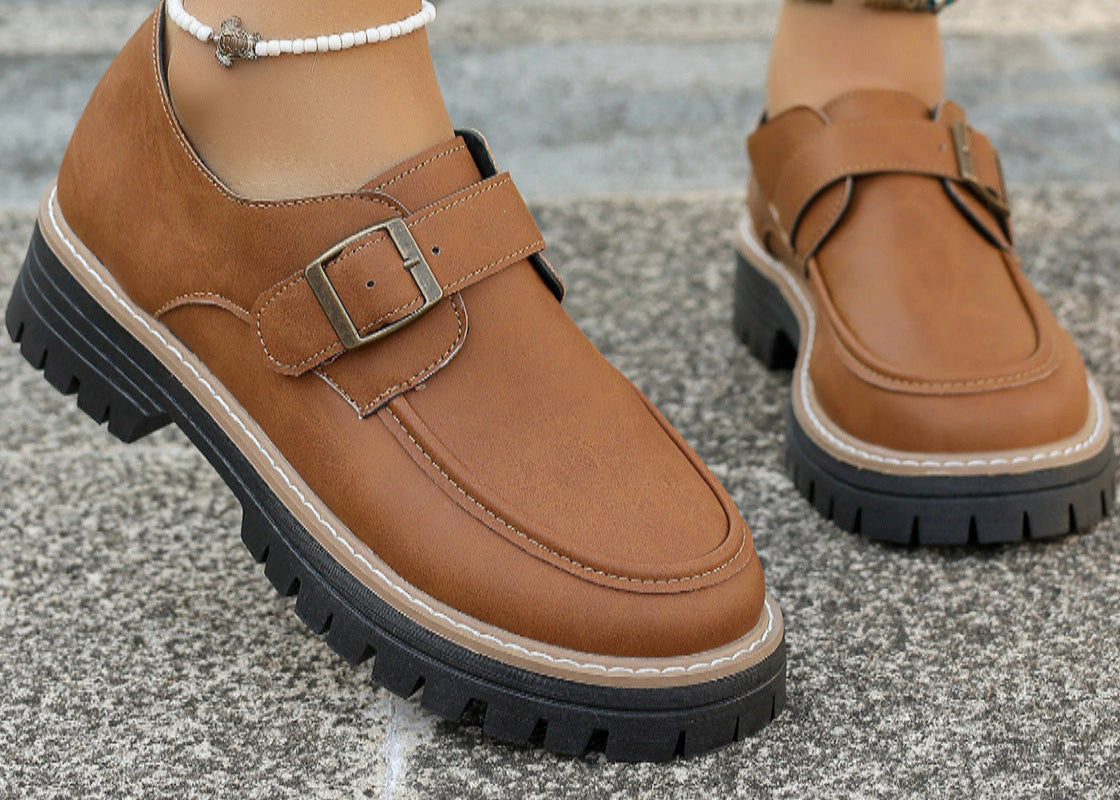 Fashion Buckle Loafers For Women British Style Height-increasing Thick-soled Casual Shoes.