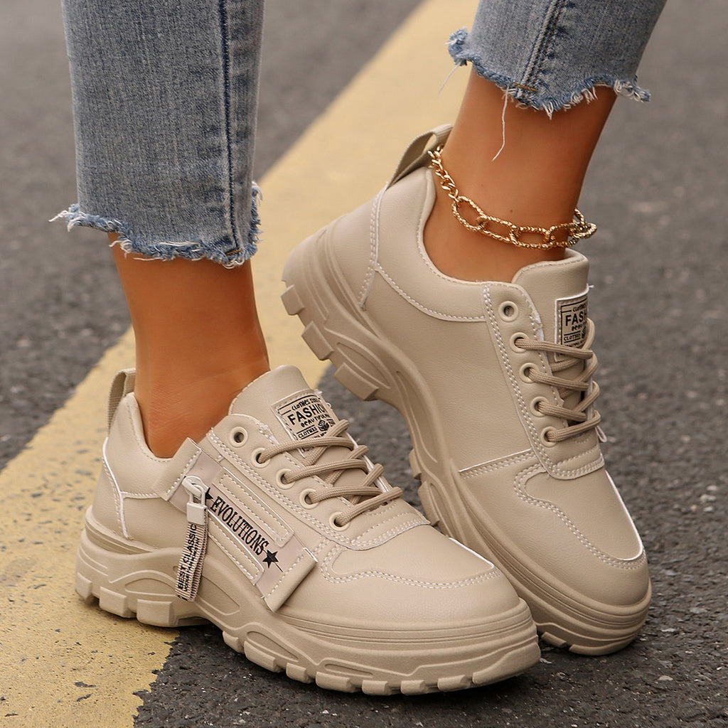 Lace-up Sports Shoes With Side-Zipper Design Fashion Thick-soled Round-toe Casual Shoes For Women Sneakers.