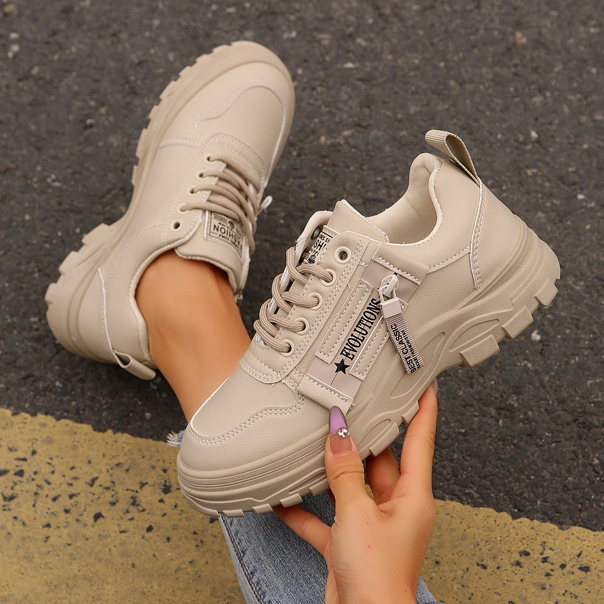 Lace-up Sports Shoes With Side-Zipper Design Fashion Thick-soled Round-toe Casual Shoes For Women Sneakers.